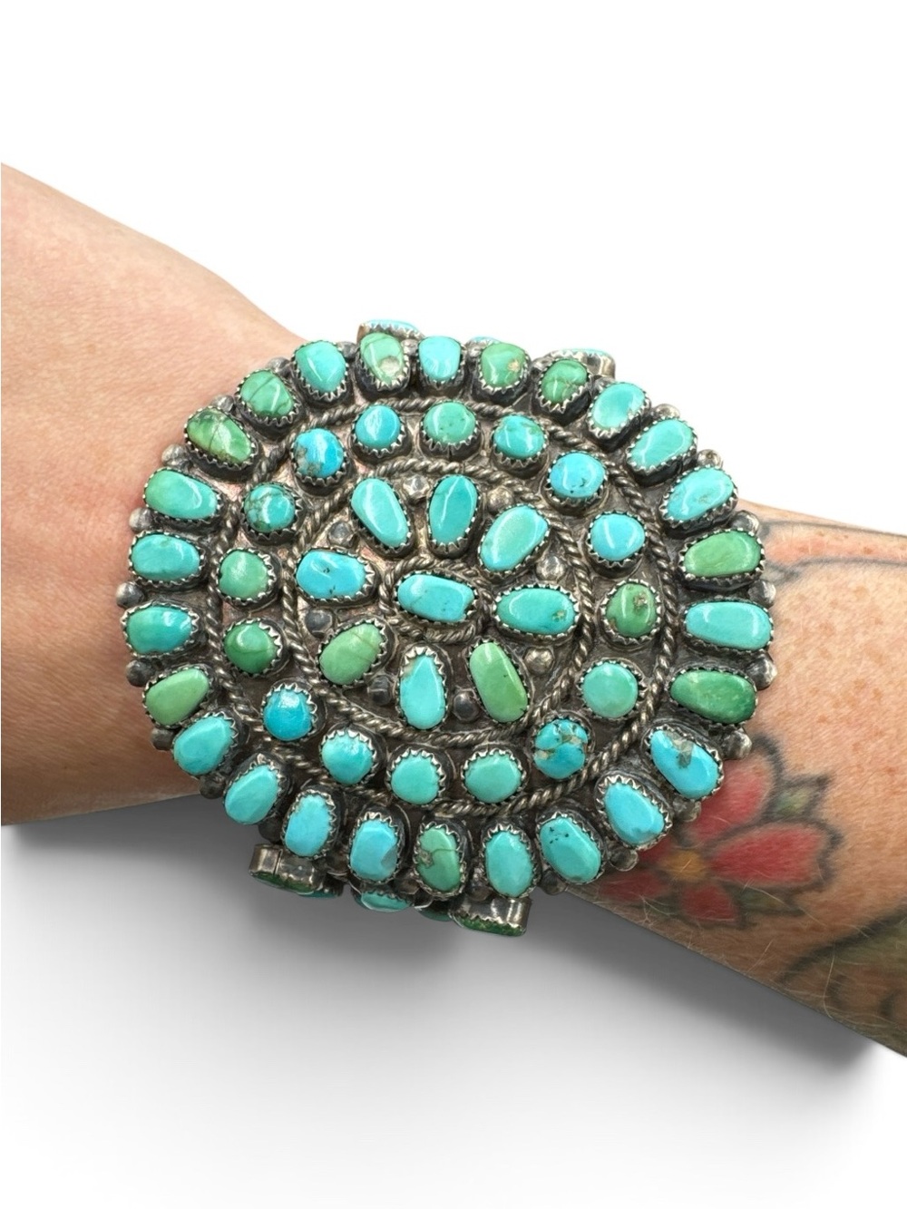 Vintage Navajo Sterling Silver Carico Lake Turquoise Cluster Cuff Bracelet 6”